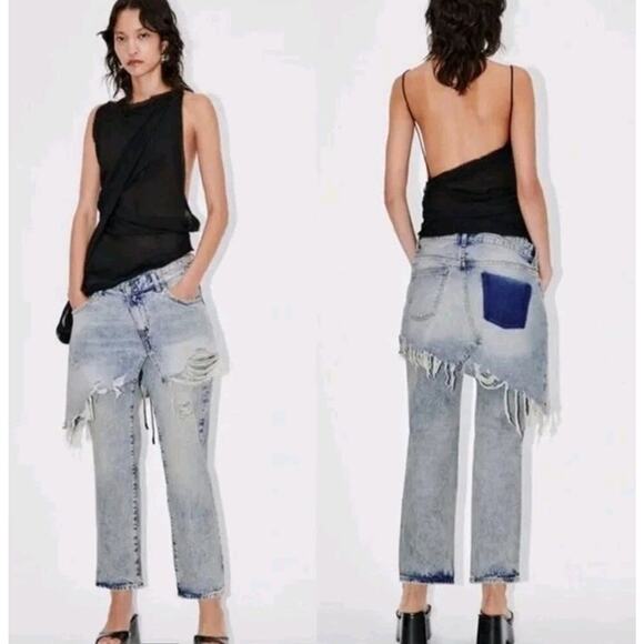 Zara Denim - ZARA LAYERED NWT Jeans MID-RISE ZW STRAIGHT LEG Skirt Overlay Sz 0